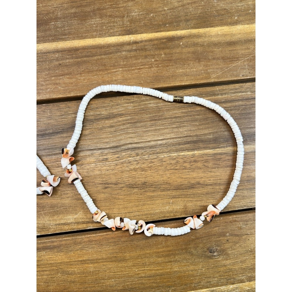Vintage Coastal Shell Heishi Bead Necklace Bracelet Set Boho Beachy Peach White - Picture 3 of 9
